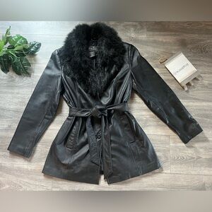 Terry Lewis Classic Luxuries Black Leather Belted Trench Coat Faux Fur Collar M
